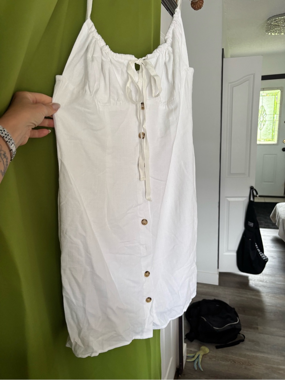 Commense White Button-Front, adjustable chest tie, sort of milkmaid like